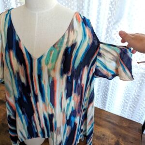 A.n.a. Lovely Colorful Blurred Abstract Open Shoulder Top